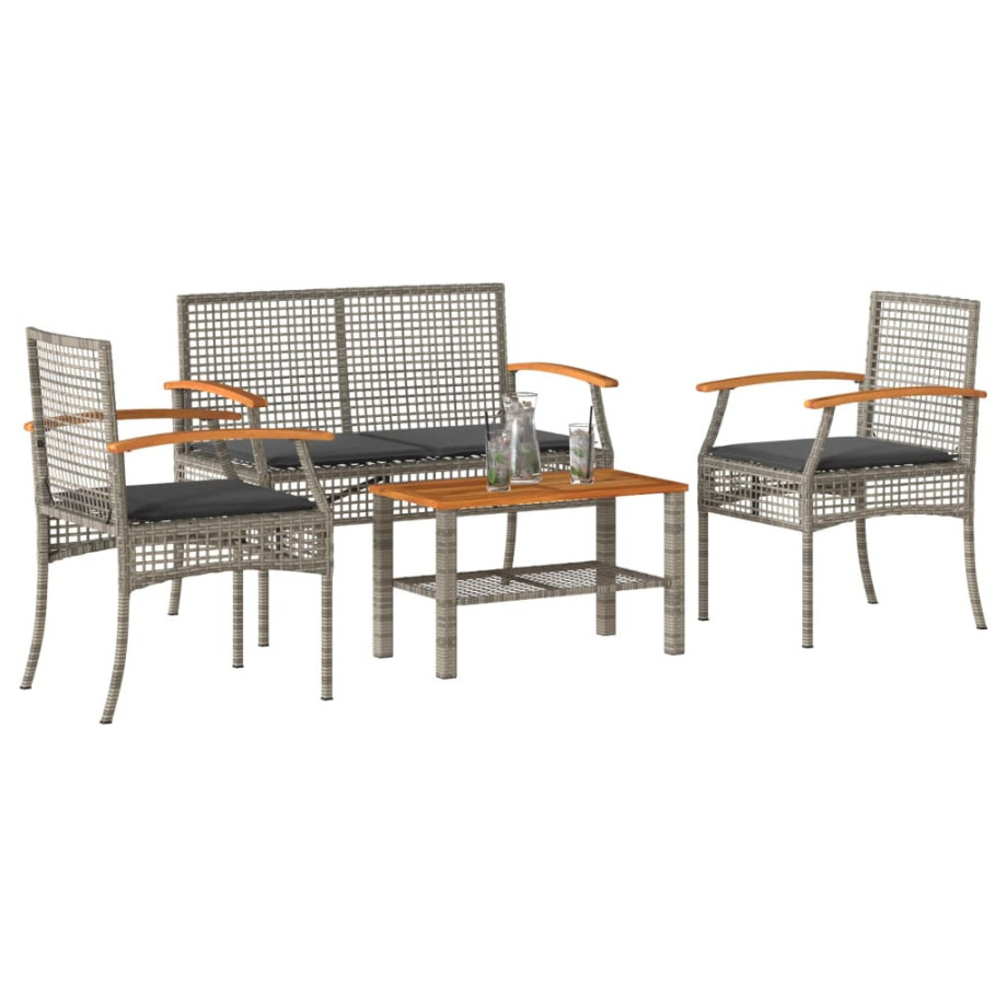 vidaXL 4-delige Loungeset met kussens poly rattan grijs afbeelding 1