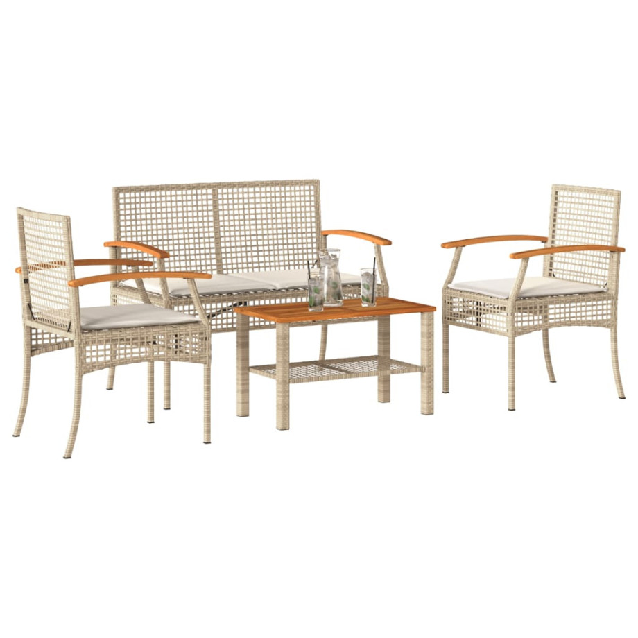 vidaXL 4-delige Loungeset met kussens poly rattan beige afbeelding 1