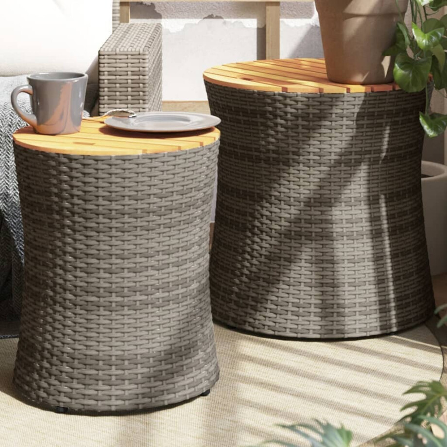 vidaXL Tuinbijzettafels 2 st met houten blad poly rattan grijs afbeelding 1