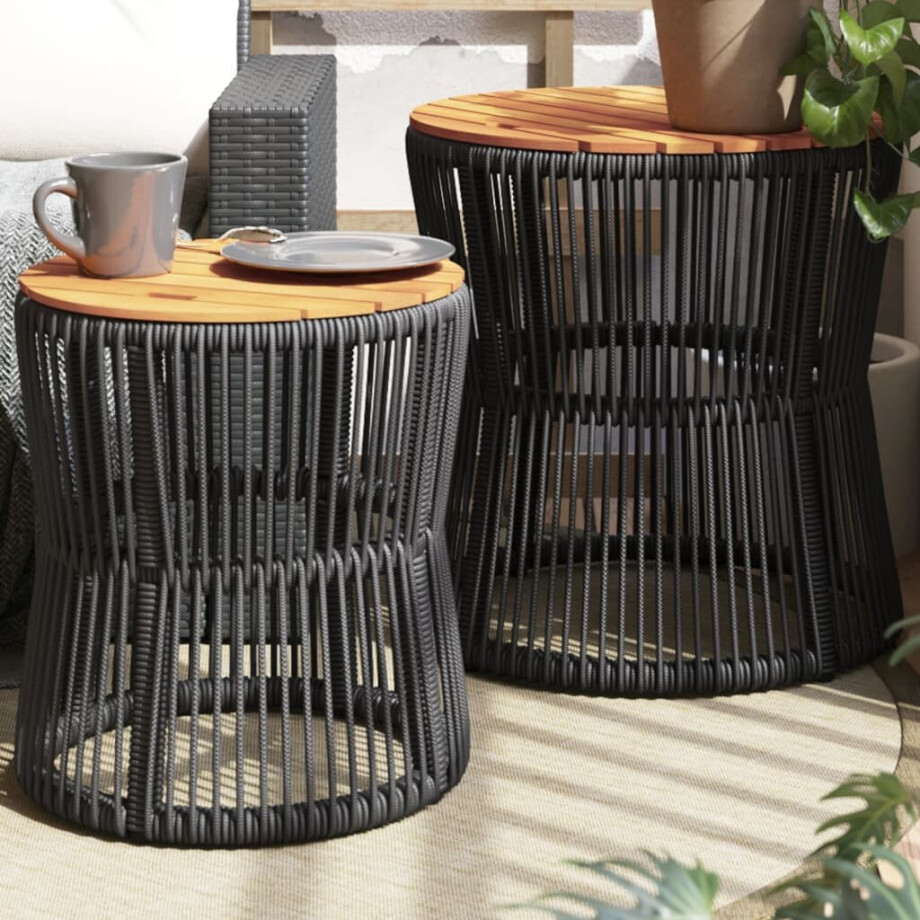 vidaXL Tuinbijzettafels 2 st met houten blad poly rattan zwart afbeelding 1
