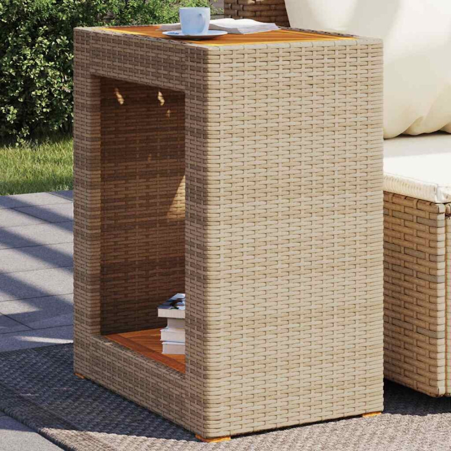 vidaXL Tuinbijzettafel met houten blad 60x40x75 cm poly rattan beige afbeelding 1