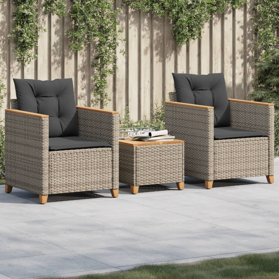 vidaXL 3-delige Bistroset met kussens poly rattan en acaciahout grijs vidaXL 3-delige Bistroset met kussens poly rattan en acaciahout grijs afbeelding 1