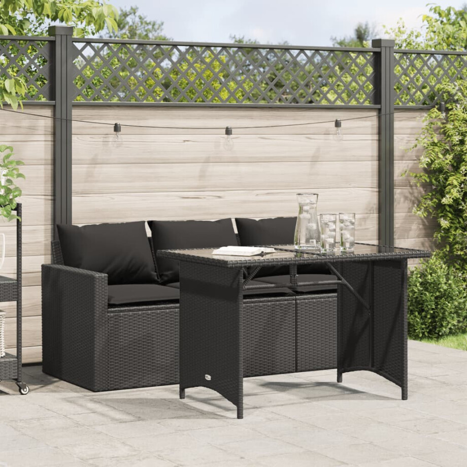 vidaXL 2-delige Tuinset met kussens poly rattan zwart afbeelding 1