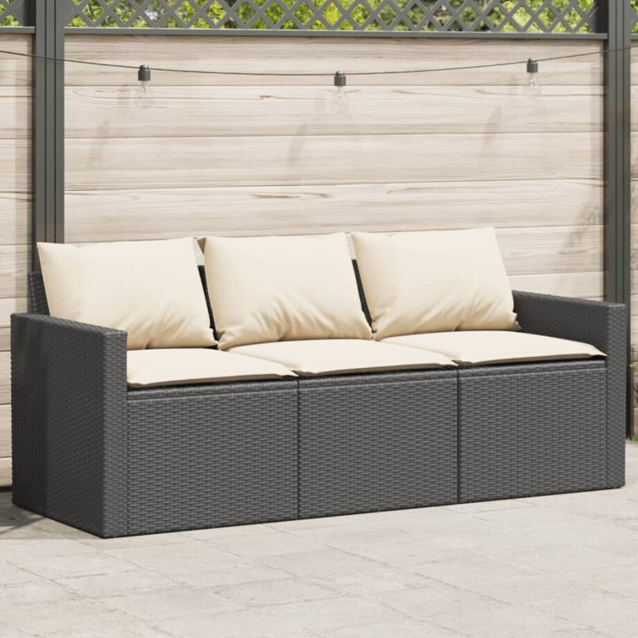 vidaXL Tuinbank 3-zits met kussens poly rattan zwart afbeelding 1