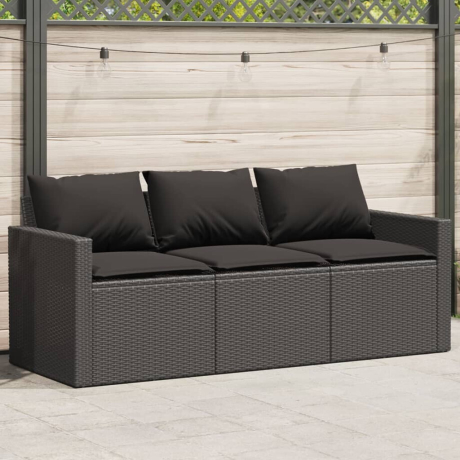 vidaXL Tuinbank 3-zits met kussens poly rattan zwart afbeelding 1