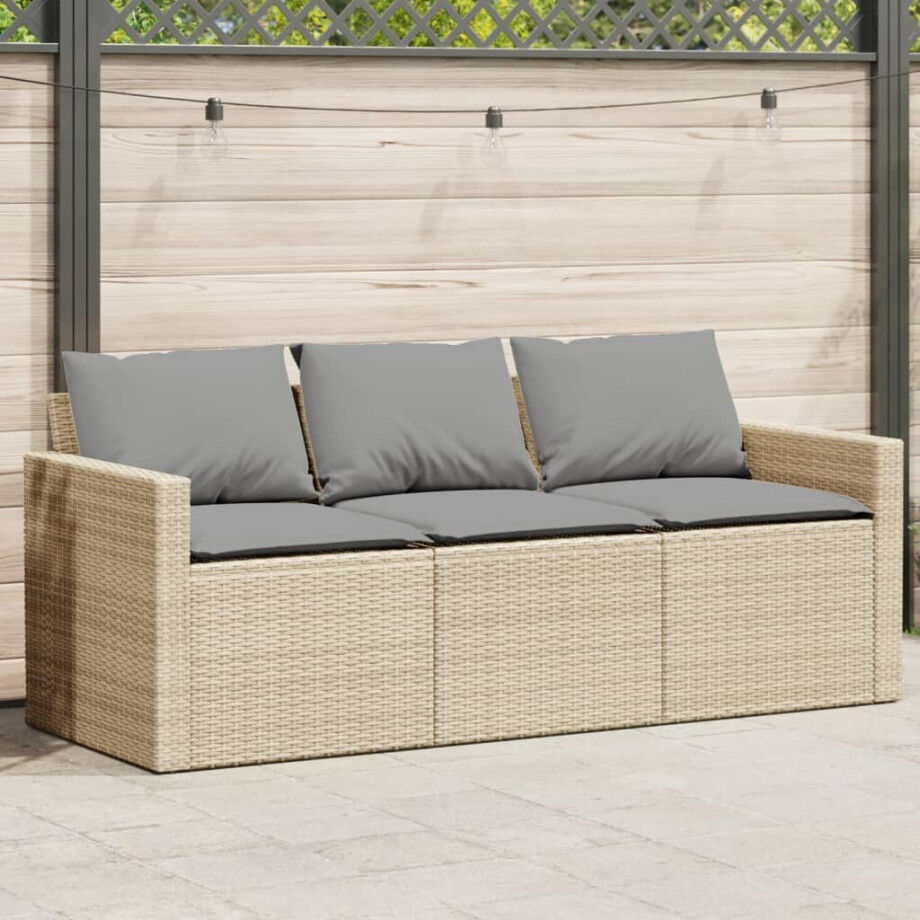 vidaXL Tuinbank 3-zits met kussens poly rattan beige afbeelding 1