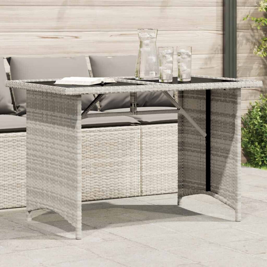 vidaXL Tuintafel met glazen blad 110x68x70 cm poly rattan lichtgrijs afbeelding 1