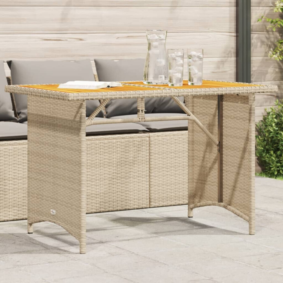 vidaXL Tuintafel met houten blad 110x68x70 cm poly rattan beige afbeelding 1