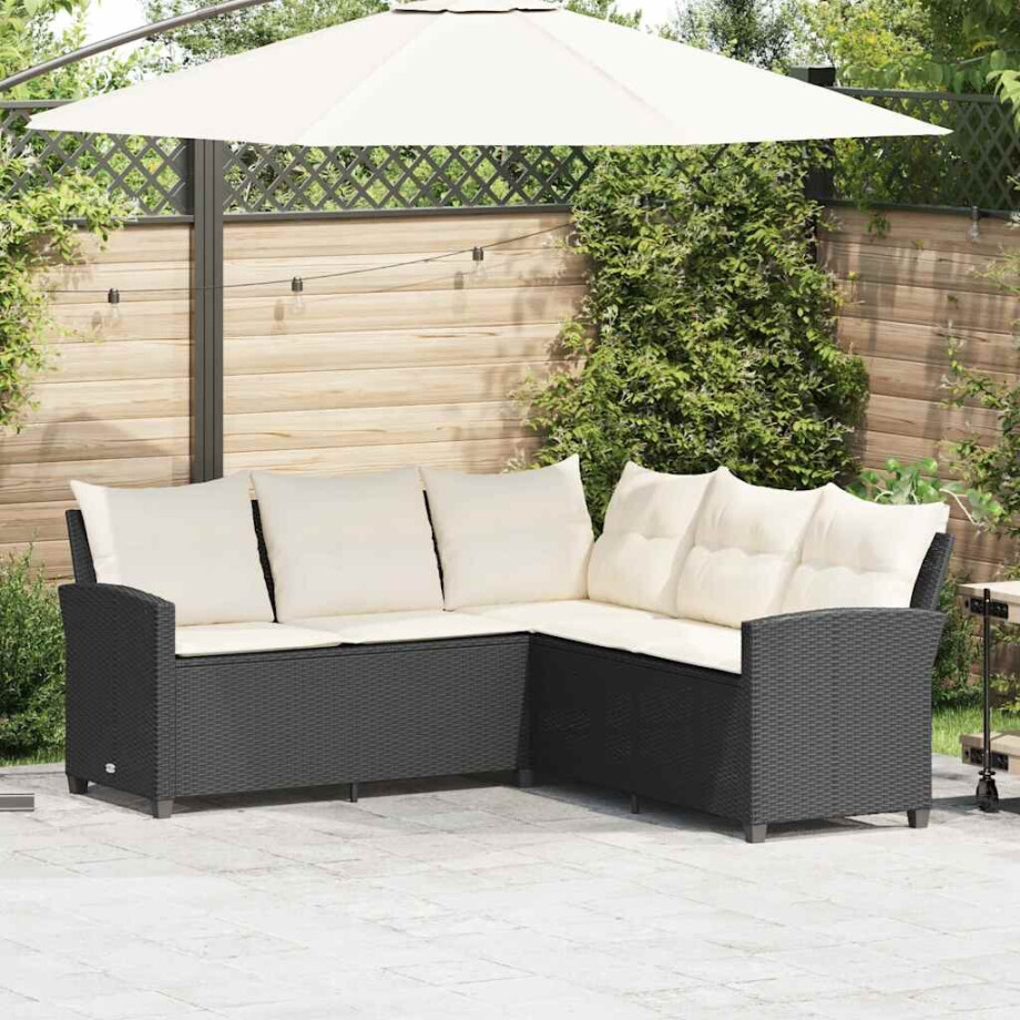 vidaXL Loungebank met kussens L-vormig poly rattan zwart afbeelding 1