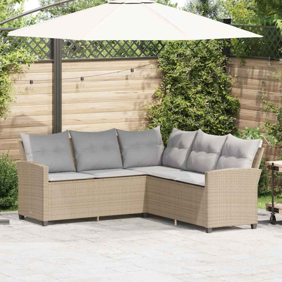 vidaXL Loungebank met kussens L-vormig poly rattan beige afbeelding 1