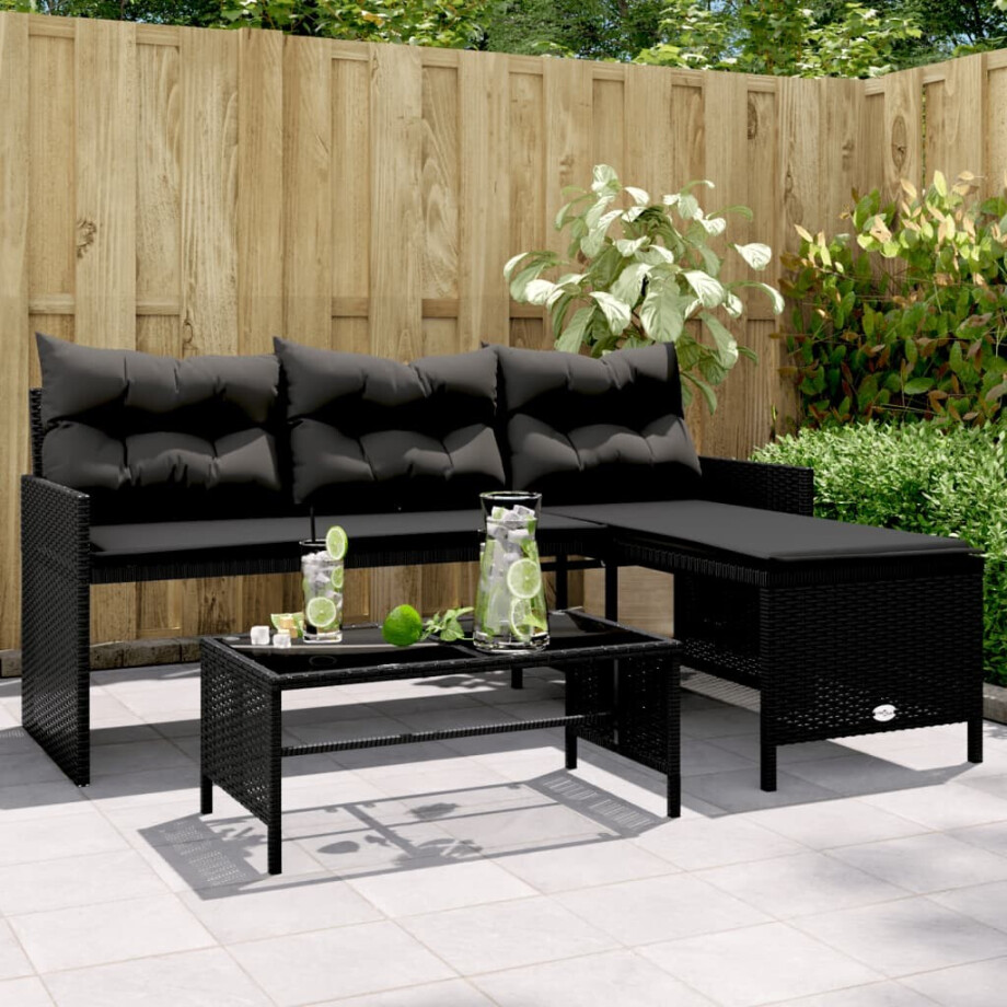 vidaXL Tuinbank met tafel en kussens L-vormig poly rattan zwart afbeelding 1