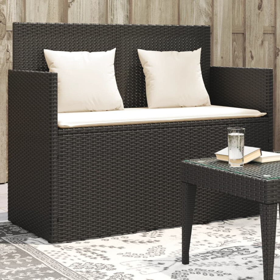 vidaXL Tuinbank met kussens poly rattan zwart afbeelding 1