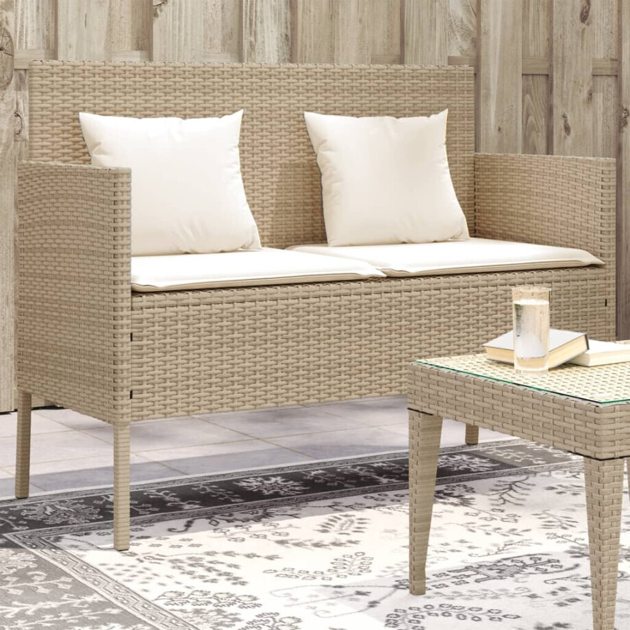 vidaXL Tuinbank met kussens poly rattan beige afbeelding 1