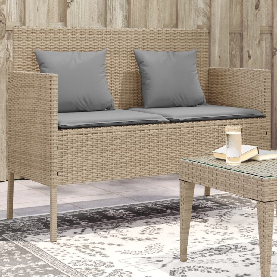 vidaXL Tuinbank met kussens poly rattan beige afbeelding 1