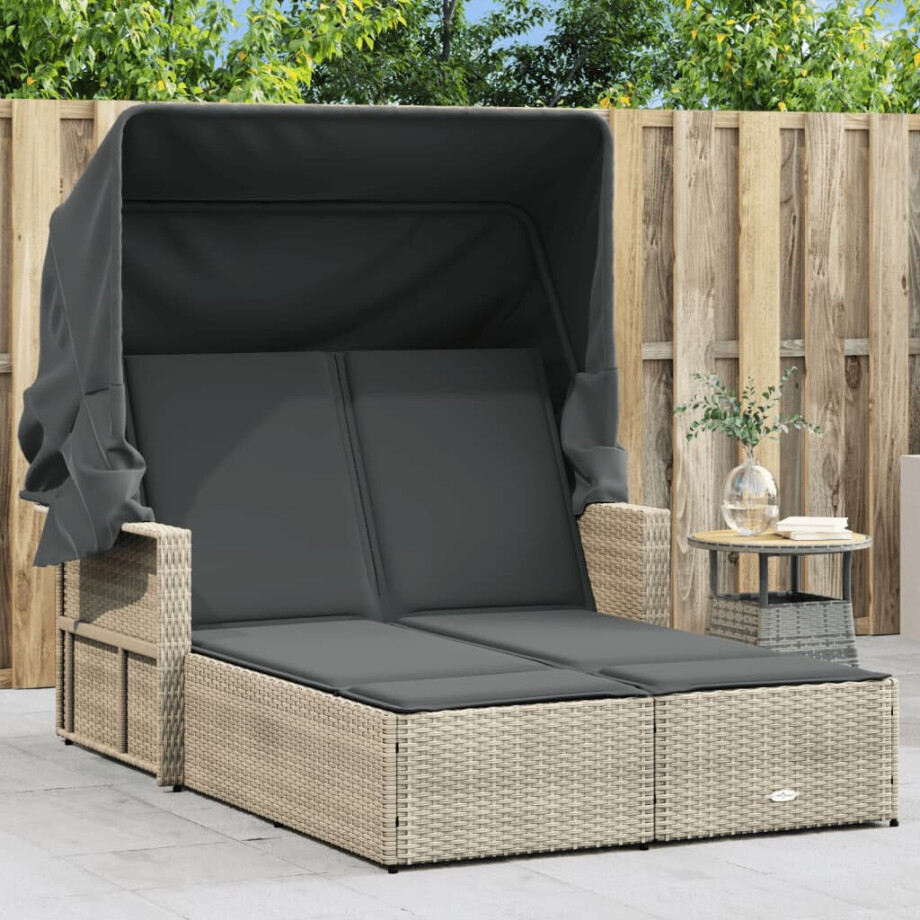 vidaXL Ligbed 2-persoons met luifel en kussens poly rattan lichtgrijs afbeelding 1