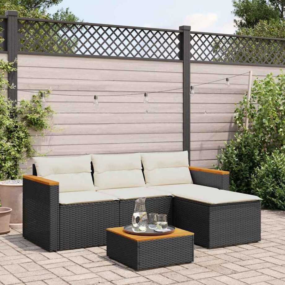 vidaXL 3-delige Loungeset met kussens poly rattan zwart afbeelding 1