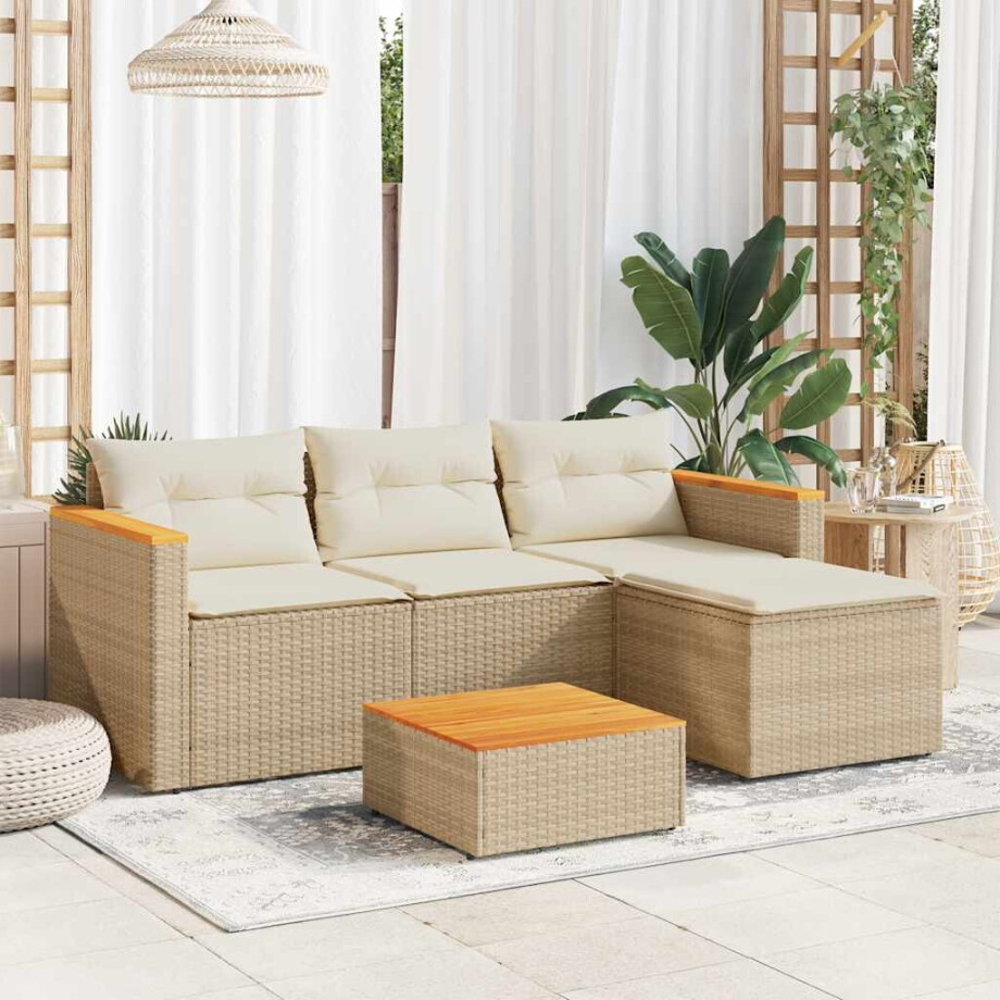 vidaXL 3-delige Loungeset met kussens poly rattan beige afbeelding 1