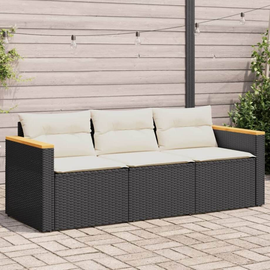 vidaXL Tuinbank 3-zits met kussens poly rattan zwart afbeelding 1