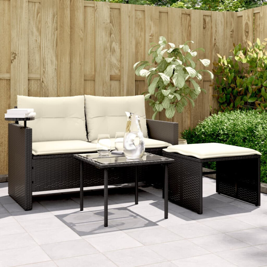 vidaXL 3-delige Loungeset met kussens poly rattan zwart afbeelding 1
