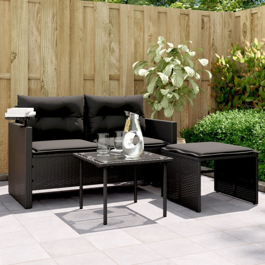 vidaXL 3-delige Loungeset met kussens poly rattan zwart afbeelding 1