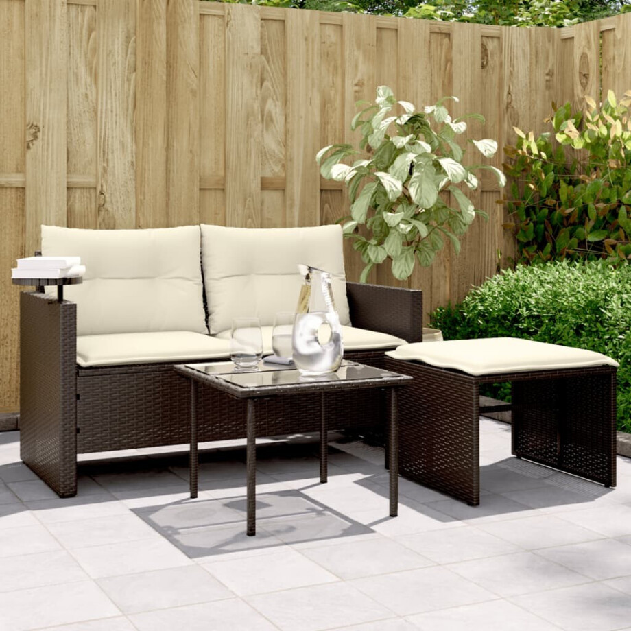vidaXL 3-delige Loungeset met kussens poly rattan bruin afbeelding 1