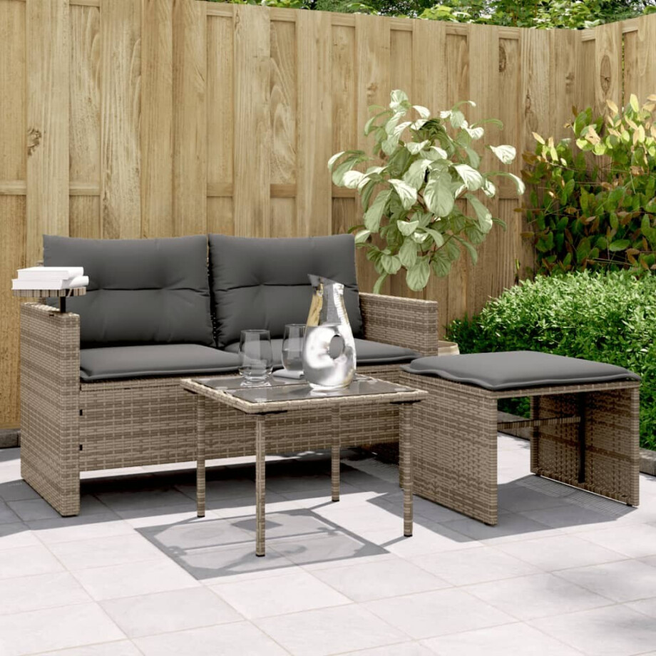vidaXL 3-delige Loungeset met kussens poly rattan grijs afbeelding 1