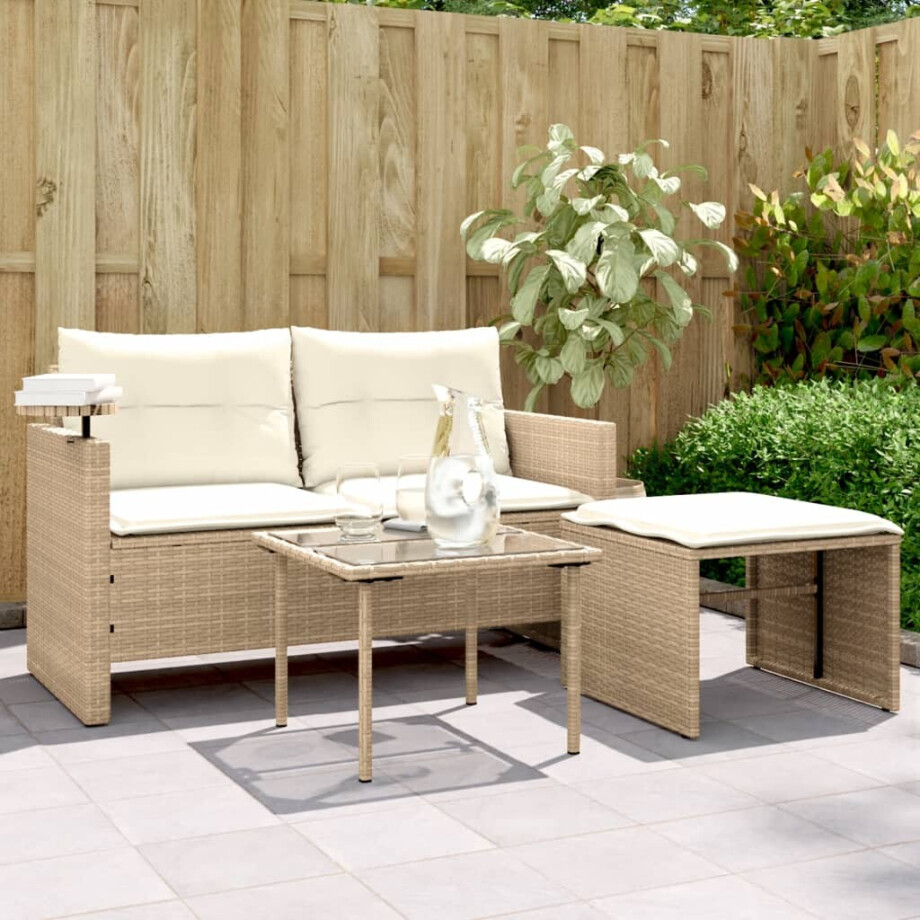 vidaXL 3-delige Loungeset met kussens poly rattan beige vidaXL 3-delige Loungeset met kussens poly rattan beige afbeelding 1