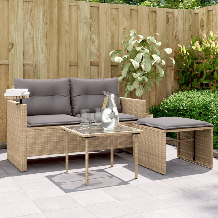 vidaXL 3-delige Loungeset met kussens poly rattan beige afbeelding 1