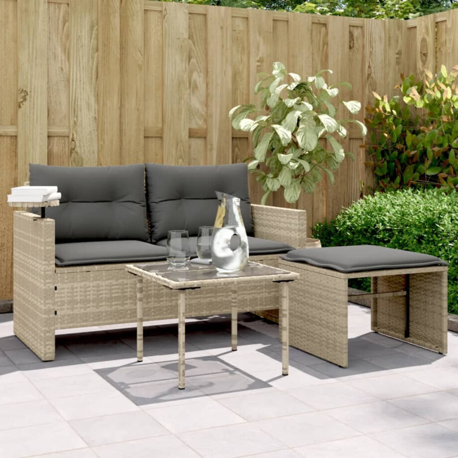 vidaXL 3-delige Loungeset met kussens poly rattan lichtgrijs afbeelding 1
