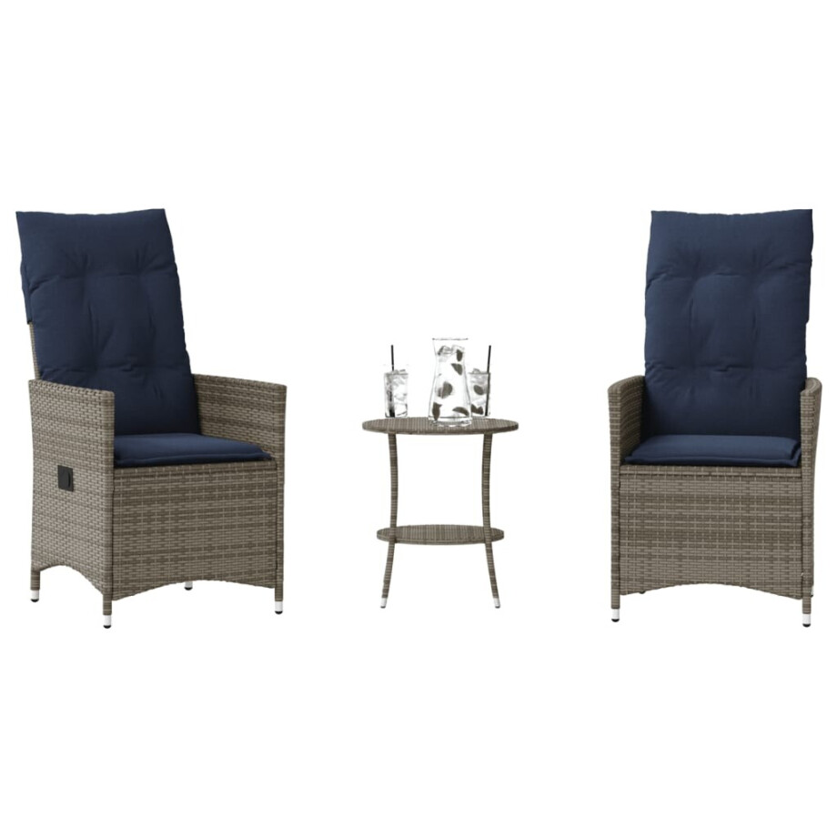 vidaXL 3-delige Bistroset met kussens poly rattan grijs vidaXL 3-delige Bistroset met kussens poly rattan grijs afbeelding 1