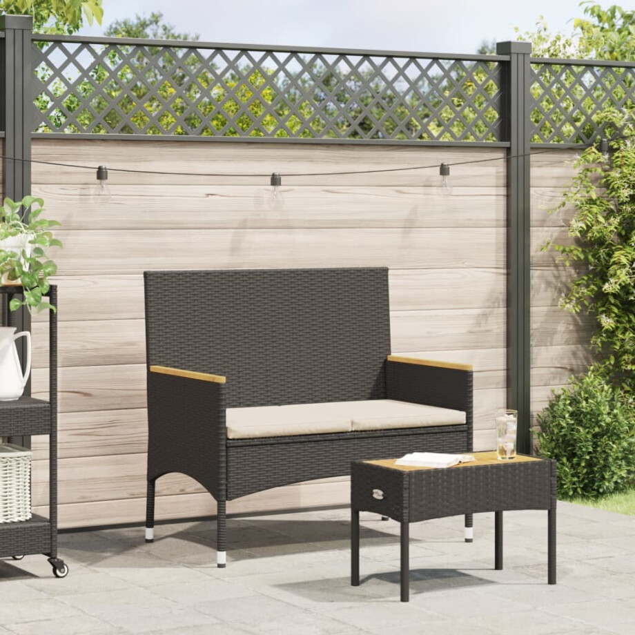 vidaXL Tuinbank 2-zits met kussens en tafel poly rattan zwart afbeelding 1