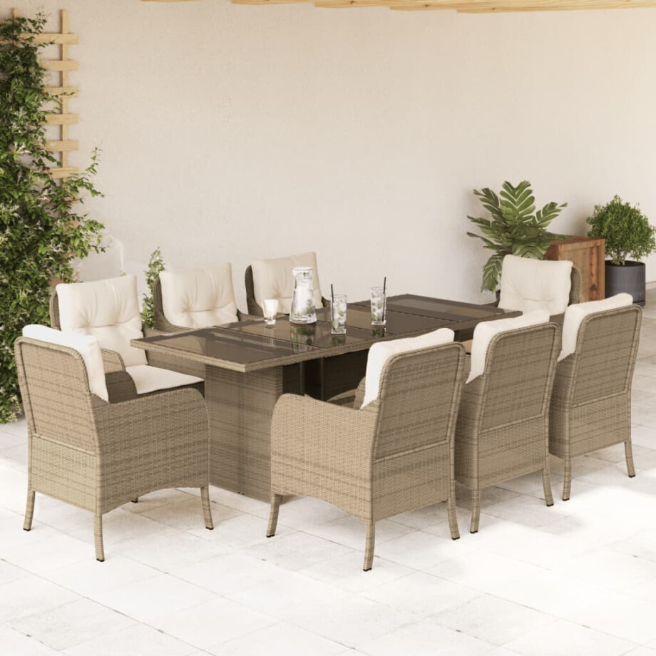 vidaXL 9-delige Tuinset met kussens poly rattan beige afbeelding 1