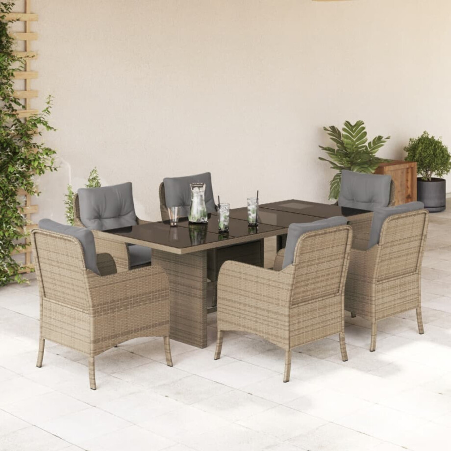 vidaXL 7-delige Tuinset met kussens poly rattan beige afbeelding 1
