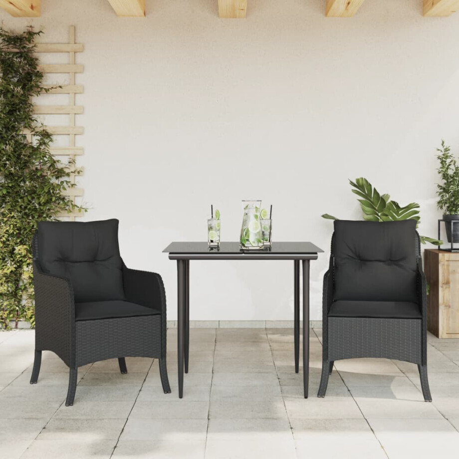 vidaXL 3-delige Tuinset met kussens poly rattan zwart afbeelding 1