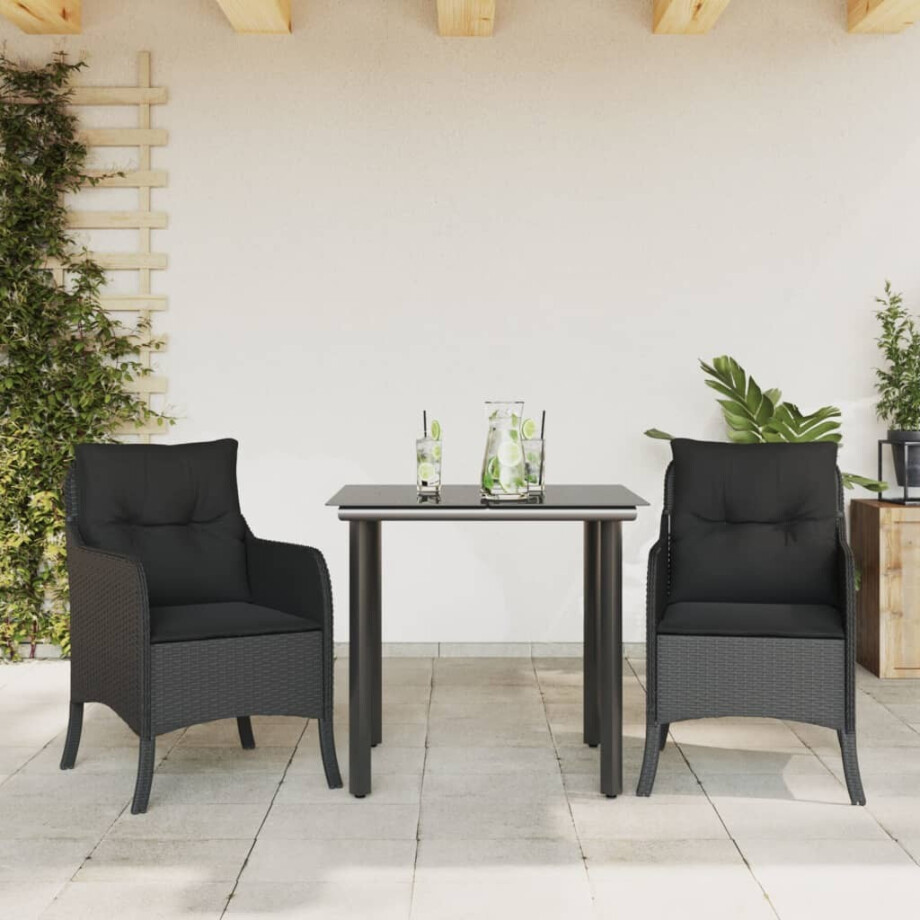vidaXL 3-delige Tuinset met kussens poly rattan zwart afbeelding 1