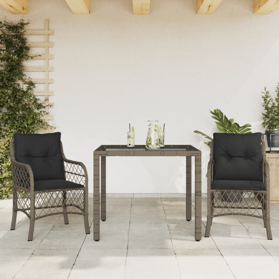 vidaXL 3-delige Bistroset met kussens poly rattan grijs afbeelding 1