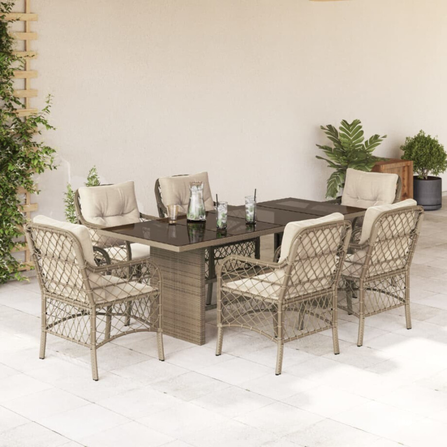 vidaXL 7-delige Tuinset met kussens poly rattan beige afbeelding 1
