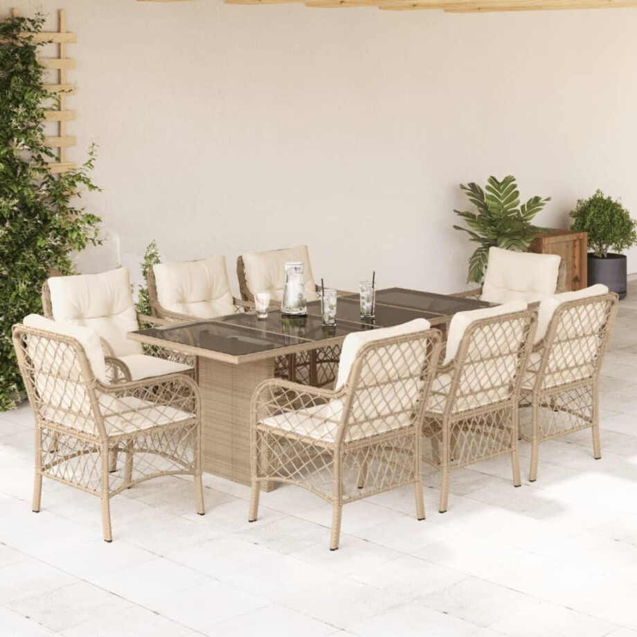 vidaXL 9-delige Tuinset met kussens poly rattan beige afbeelding 1