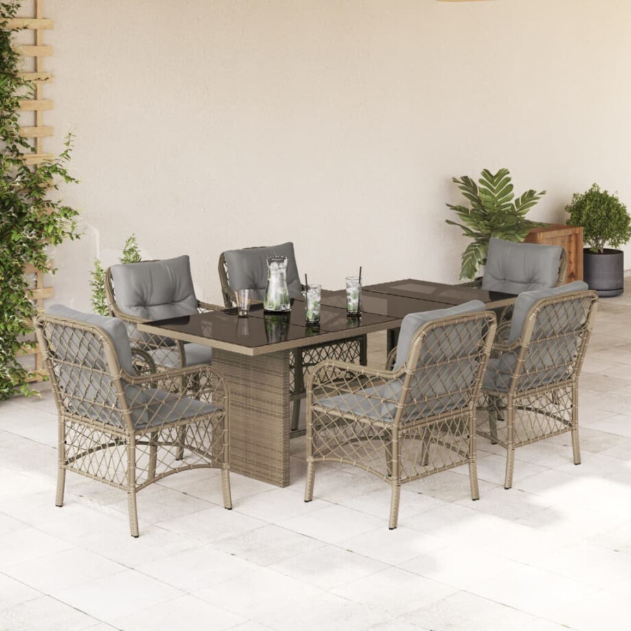vidaXL 7-delige Tuinset met kussens poly rattan gemengd beige afbeelding 1