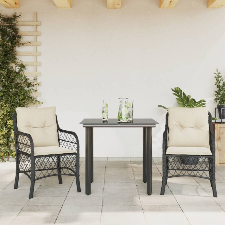 vidaXL 3-delige Bistroset met kussens poly rattan zwart vidaXL 3-delige Bistroset met kussens poly rattan zwart afbeelding 1