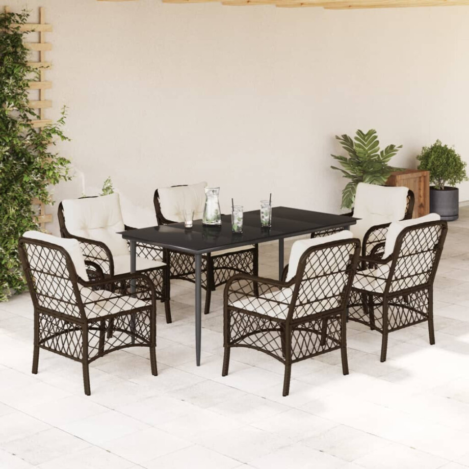vidaXL 7-delige Tuinset met kussens poly rattan bruin vidaXL 7-delige Tuinset met kussens poly rattan bruin afbeelding 1