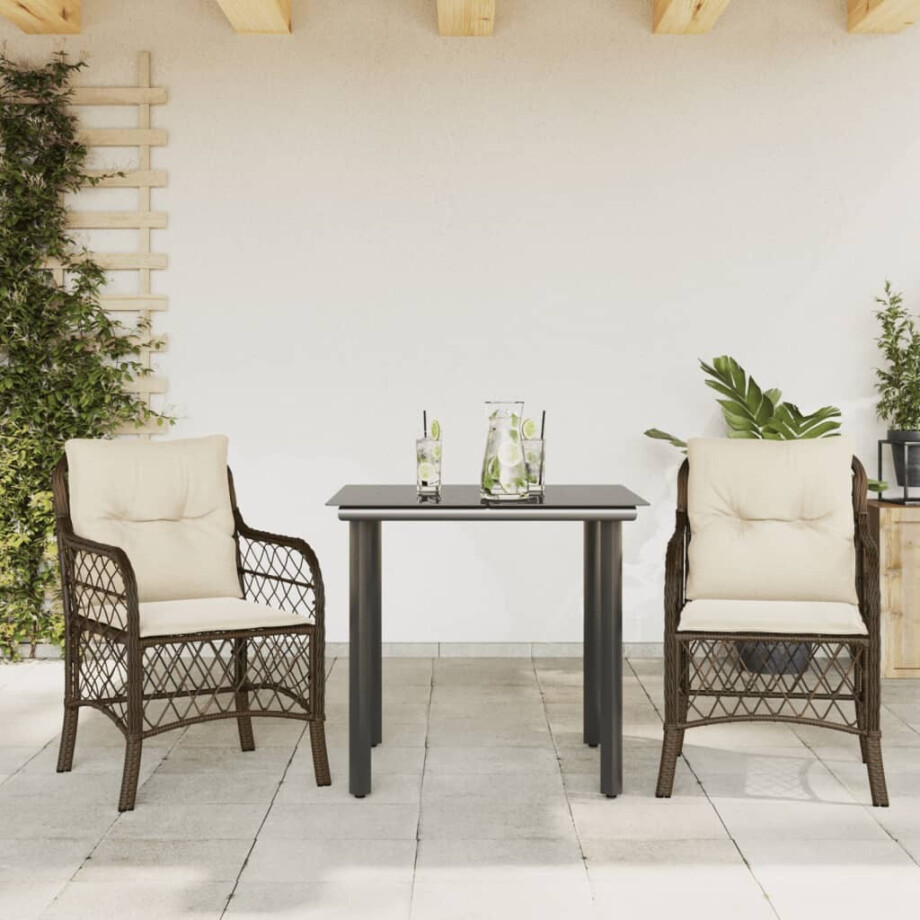 vidaXL 3-delige Bistroset met kussens poly rattan bruin afbeelding 1