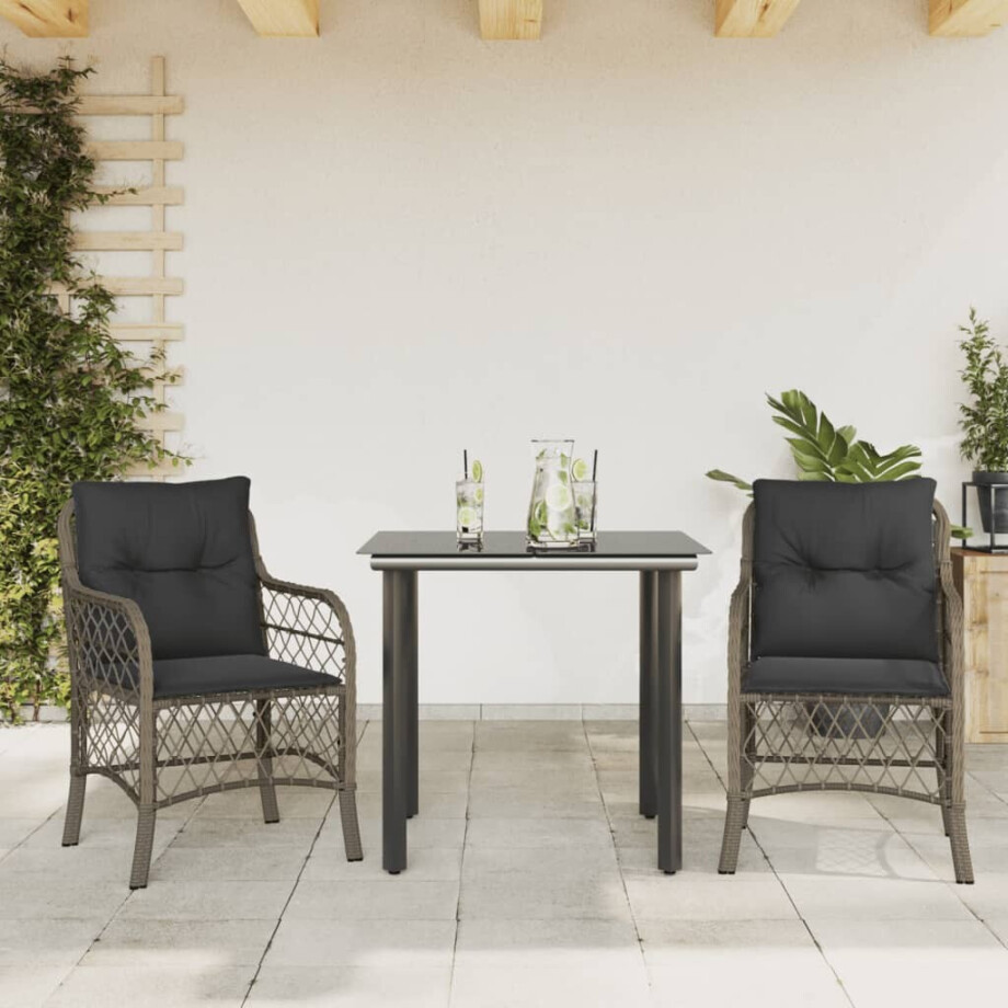 vidaXL 3-delige Bistroset met kussens poly rattan grijs afbeelding 1