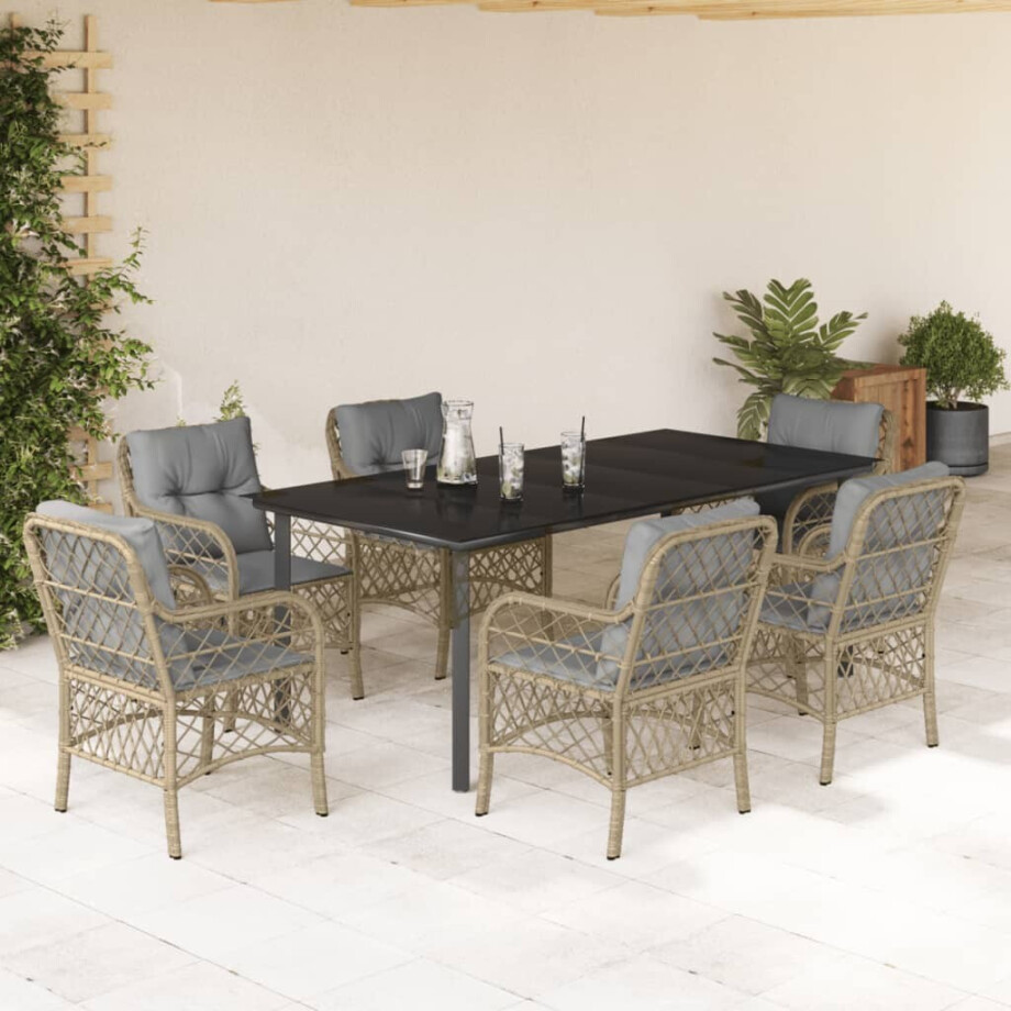 vidaXL 7-delige Tuinset met kussens poly rattan gemengd beige afbeelding 1