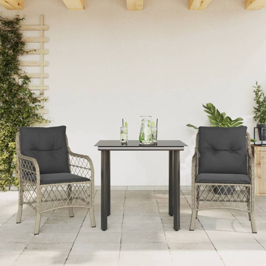 vidaXL 3-delige Bistroset met kussens poly rattan lichtgrijs afbeelding 1