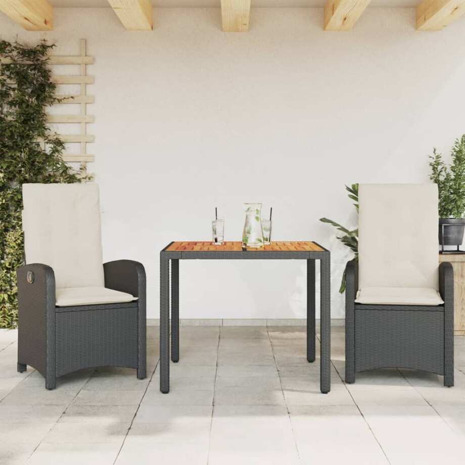 vidaXL 3-delige Tuinset met kussens poly rattan zwart afbeelding 1