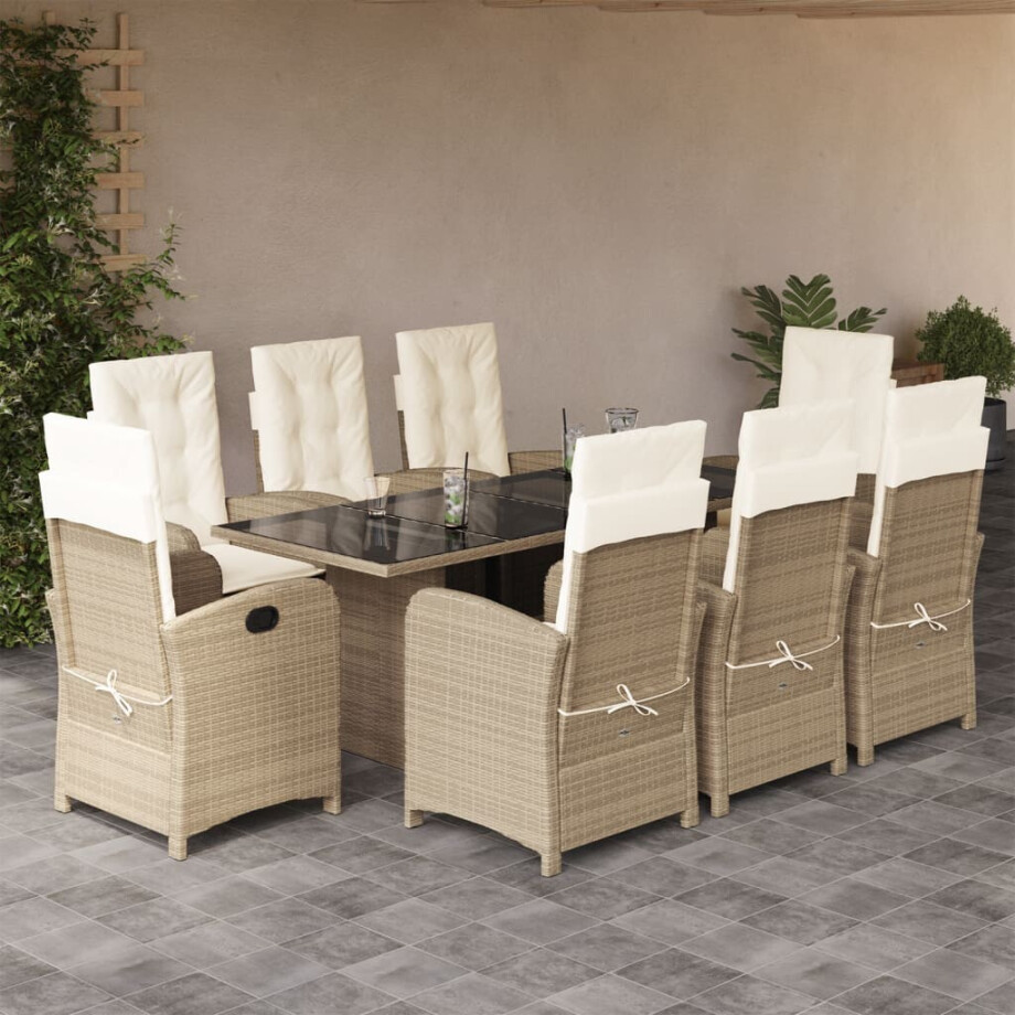 vidaXL 9-delige Tuinset met kussens poly rattan beige afbeelding 1