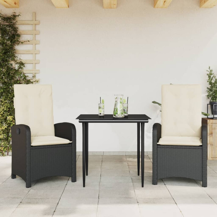 vidaXL 3-delige Tuinset met kussens poly rattan zwart afbeelding 1