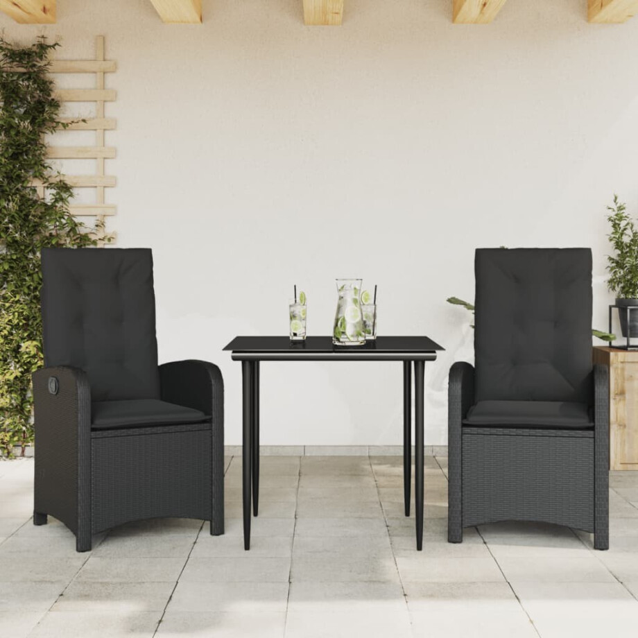 vidaXL 3-delige Tuinset met kussens poly rattan zwart afbeelding 1