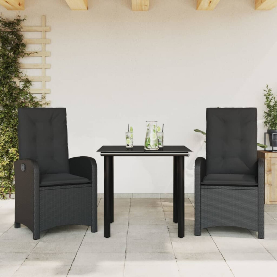 vidaXL 3-delige Tuinset met kussens poly rattan zwart afbeelding 1